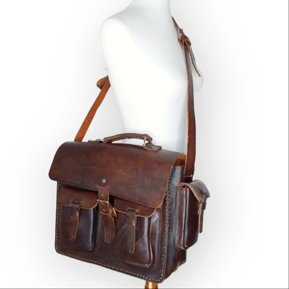 Vintage Leather Messenger Laptop Crossbody Bag Rawhide Brown Old World Large - Picture 2 of 12